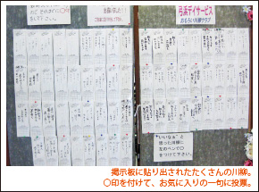 掲示板に貼り出されたたくさんの川柳。○印を付けて、お気に入りの一句に投票。